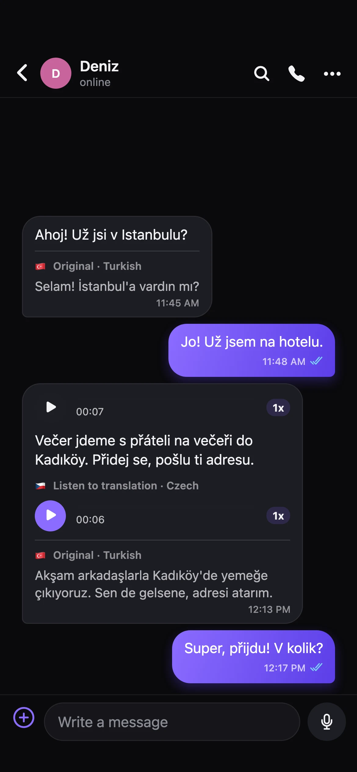 Chat: turecká hlasová zpráva s českým textem a hlasem